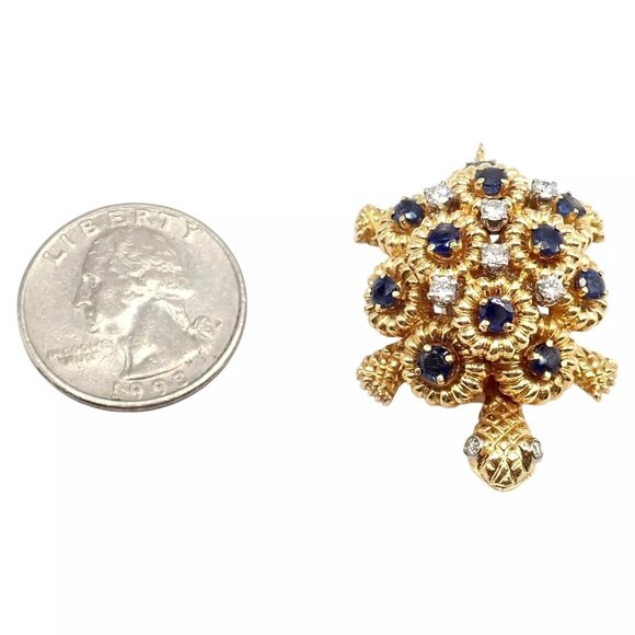 Rare! Authentic Tiffany & Co. Turtle 18k Yellow Gold Diamond Sapphire Pin Brooch - Picture 4 of 13